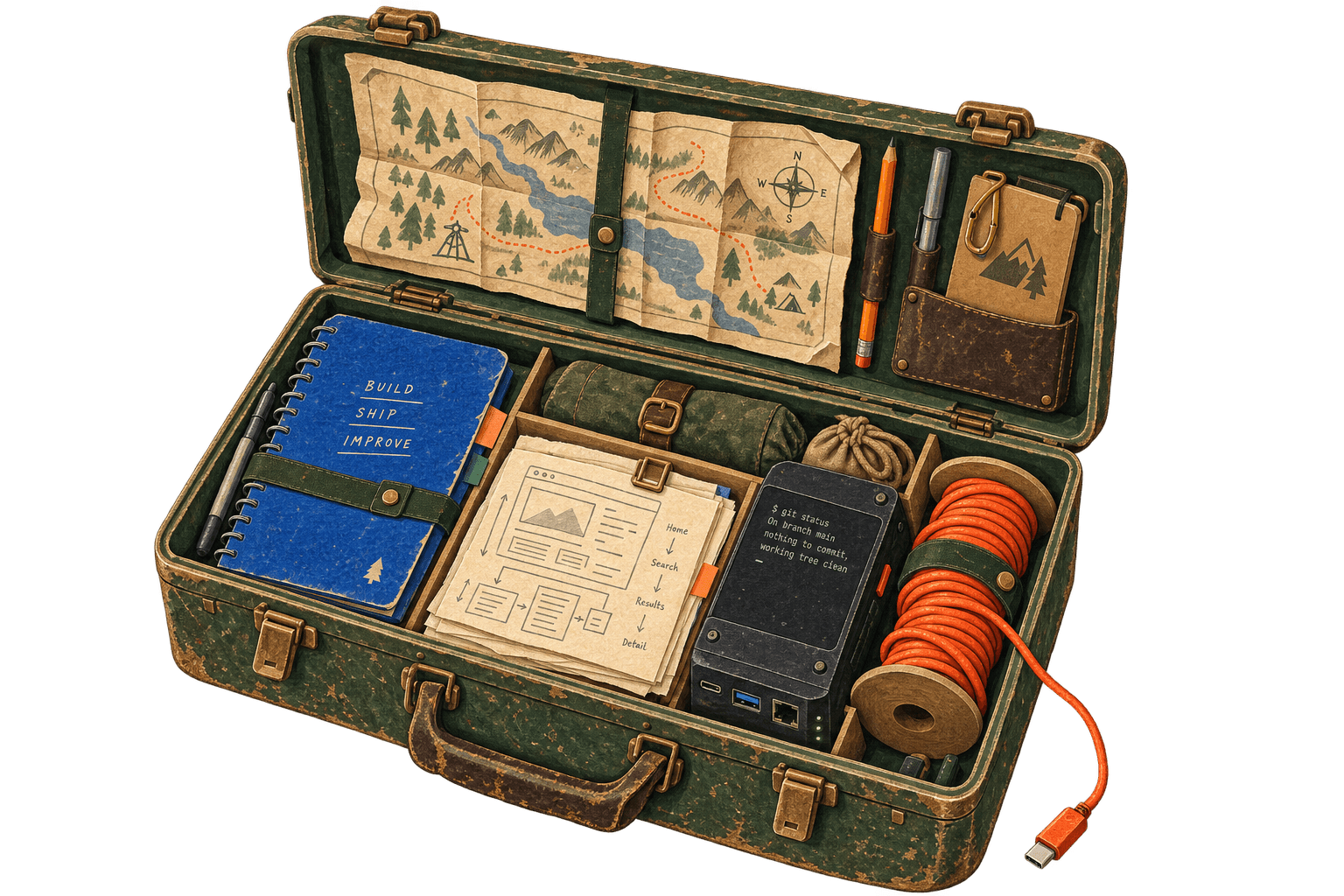 An open field case holding a notebook, wireframes, a terminal and a spool of cable